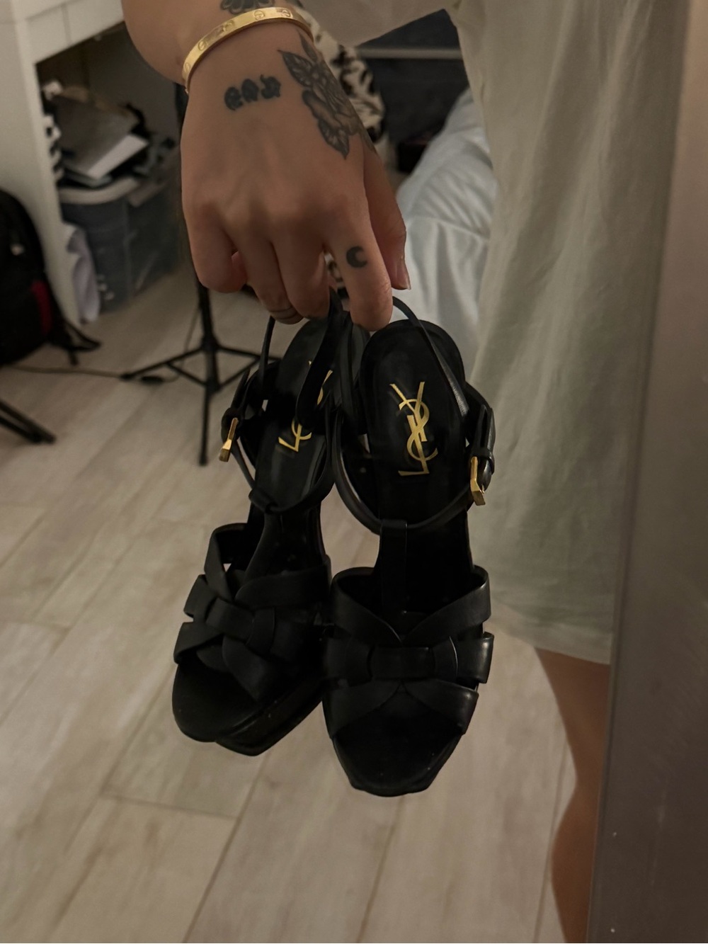 SAINT LAURENT Tribute Knotted Slingback Heels - Black Leather Gold YSL - 7.5/8